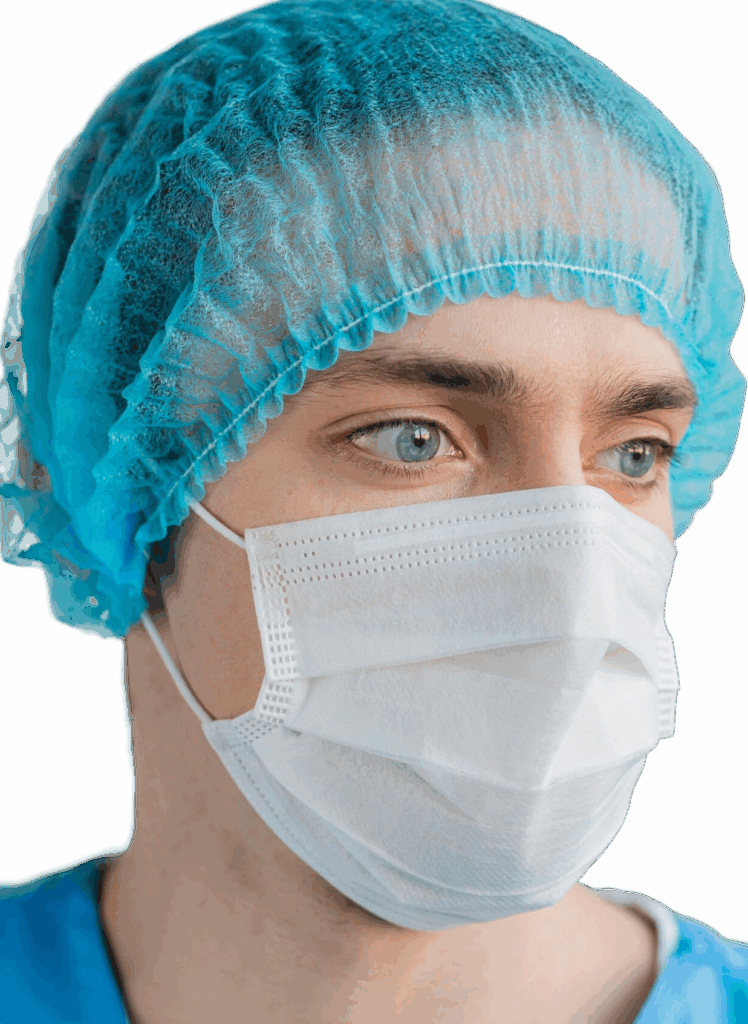 Imagen de un gorro desechable tipo oruga, diseñado para garantizar higiene y seguridad en hospitales, laboratorios y entornos clínicos. Fabricado con materiales ligeros y transpirables, proporciona cobertura completa y evita la contaminación en procedimientos médicos.